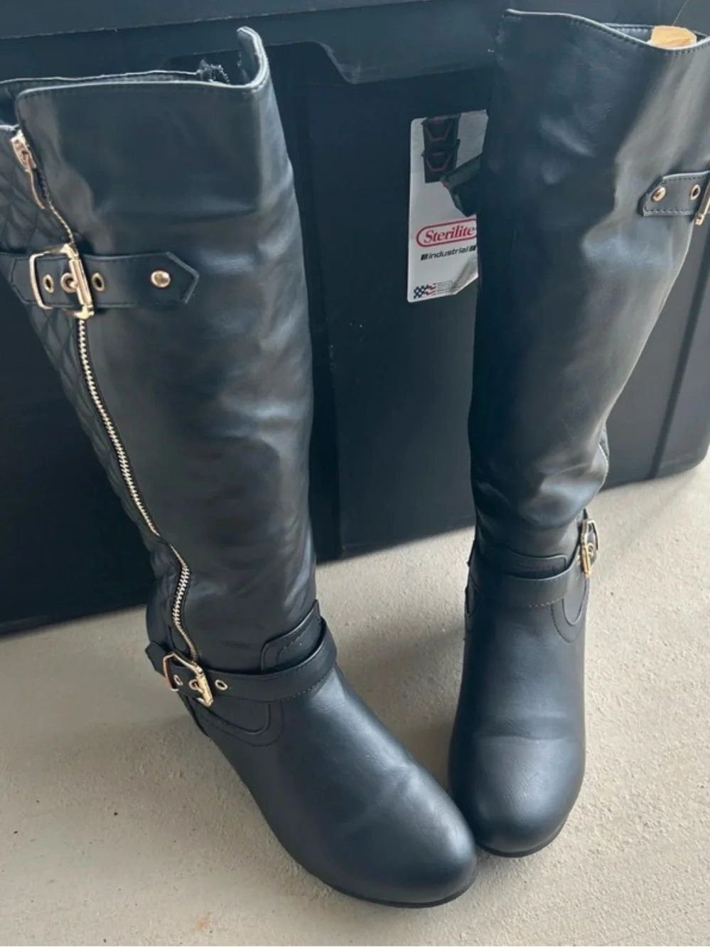 TOP Moda Black Quilted Over-the-Knee Boots with Gold Buckles